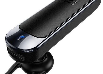 Μαύρο Hoco E201 Bluetooth handsfree με λογότυπο hoco και μπλε φωτεινή ένδειξη.