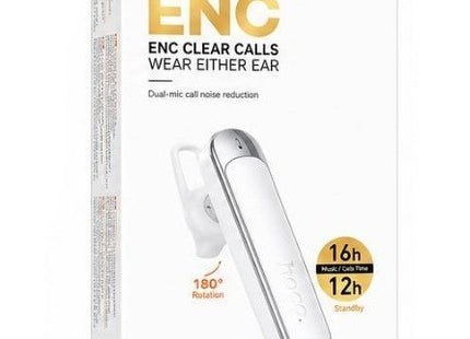 Συσκευασία Hoco E201 ENC Bluetooth handsfree με εικόνα λευκού ακουστικού.