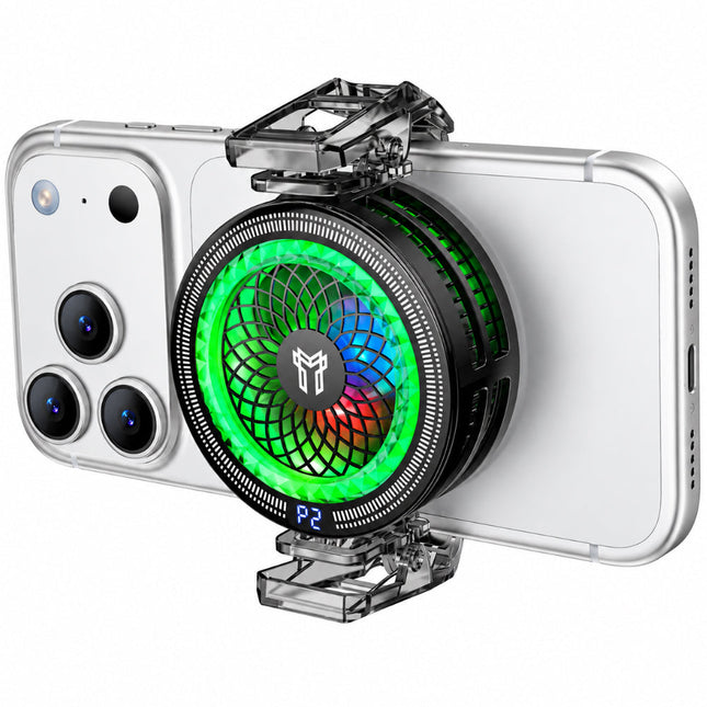 Hoco GA6 μαύρο cooler κινητού με RGB φωτισμό και κλιπ, τοποθετημένο στην πλάτη τηλεφώνου.