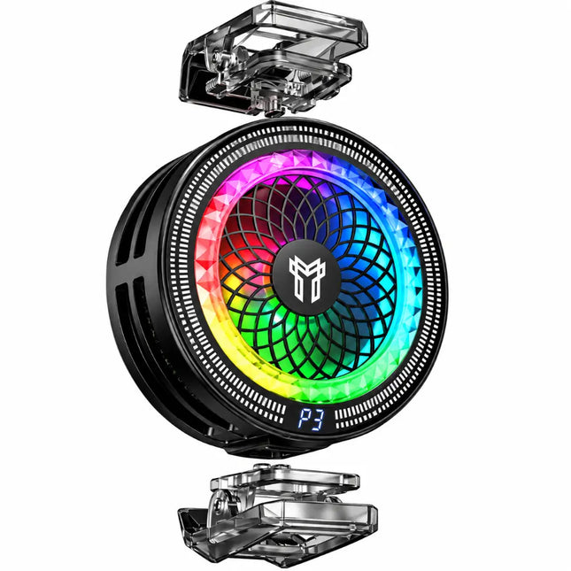 Μπροστινή όψη του Hoco GA6 cooler με πολύχρωμο RGB δακτύλιο, ένδειξη P3 και αποσπώμενα κλιπ.