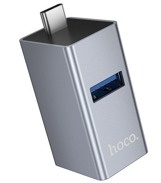 Πλάγια όψη του γκρι Hoco hub με ενσωματωμένο βύσμα USB-C και μπλε θύρα USB 3.0.
