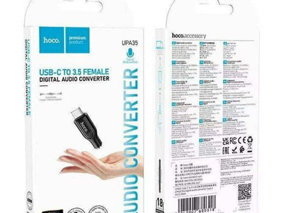 Μπροστινή και πίσω όψη συσκευασίας Hoco UPA35 USB-C to 3.5 Female Digital Audio Converter.