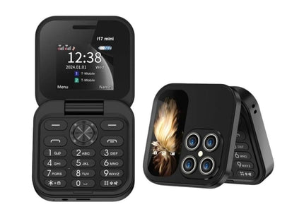 Μαύρο i17 PRO Mini Flip κινητό με κουμπιά ανοιχτό και κλειστό