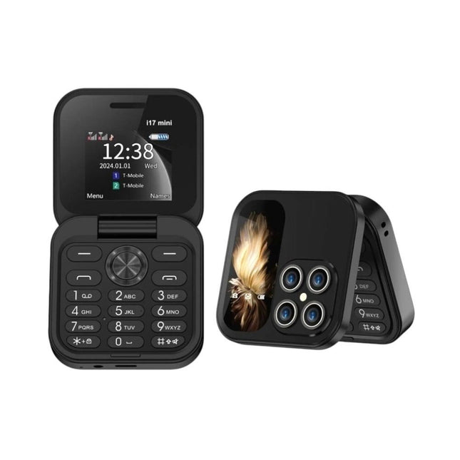 Μαύρο i17 PRO Mini Flip κινητό με κουμπιά ανοιχτό και κλειστό