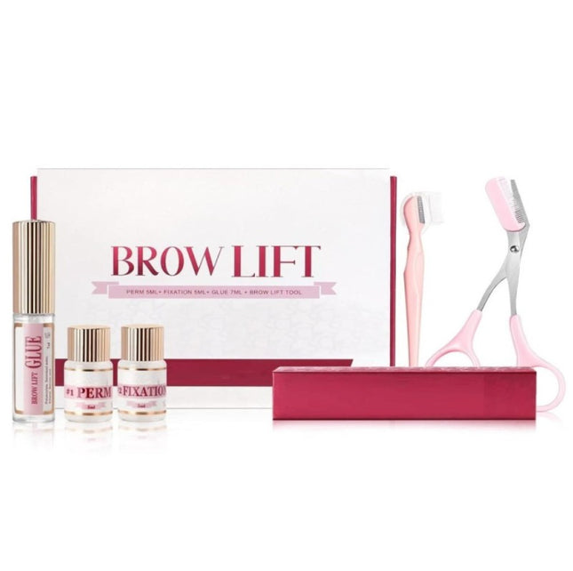 ICONSIGN Brow Lift σετ με Perm Fixation Glue και δύο ροζ εργαλεία φρυδιών μπροστά από κουτί