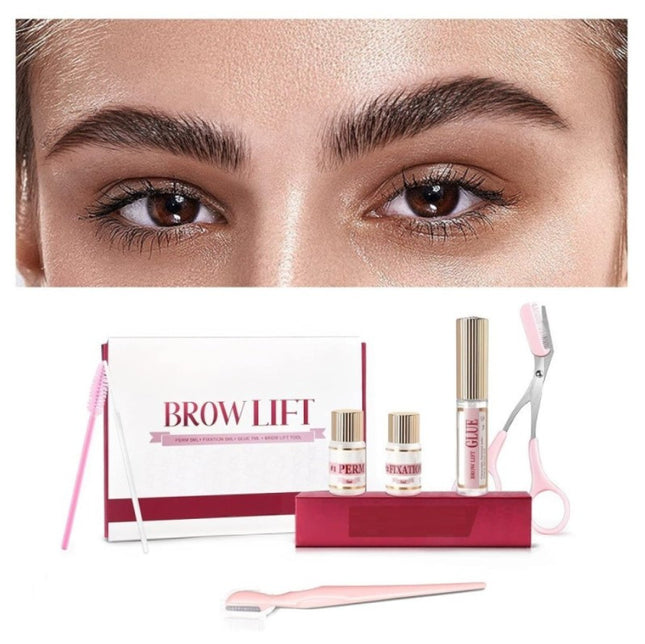 Σετ ICONSIGN Brow Lift με τρία δοχεία εργαλεία περιποίησης και παράδειγμα διαμορφωμένων φρυδιών