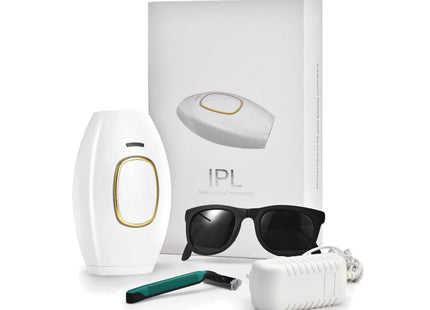 Λευκή συσκευή αποτρίχωσης IPL K361-1203000U με γυαλιά προστασίας, ξυραφάκι και τροφοδοτικό
