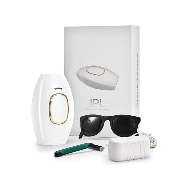 Λευκή συσκευή αποτρίχωσης IPL K361-1203000U με γυαλιά προστασίας, ξυραφάκι και τροφοδοτικό