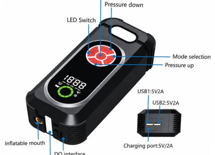Φορητός jump starter με οθόνη, πλήκτρα λειτουργίας, θύρες USB 5V 2A και στόμιο αέρα