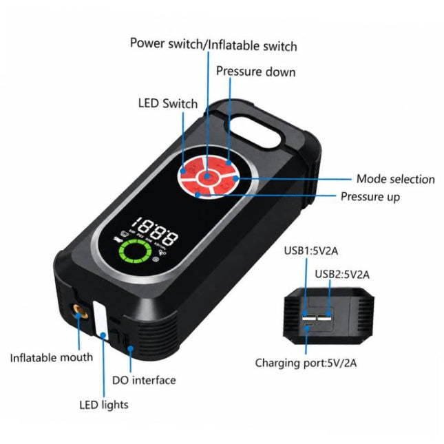 Φορητός jump starter με οθόνη, πλήκτρα λειτουργίας, θύρες USB 5V 2A και στόμιο αέρα