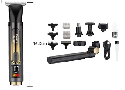 Kemei KM-1537 με διαστάσεις 16,3 x 4,1 cm δίπλα σε κεφαλές, χτενάκια, βάση, καλώδιο USB και βουρτσάκι
