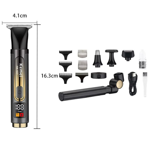 Kemei KM-1537 με διαστάσεις 16,3 x 4,1 cm δίπλα σε κεφαλές, χτενάκια, βάση, καλώδιο USB και βουρτσάκι