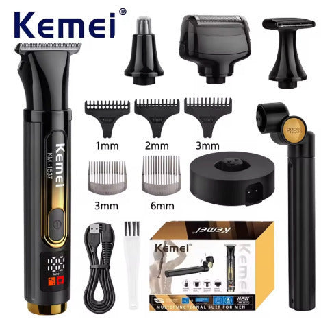 Σετ Kemei KM-1537 με μαύρη ξυριστική μηχανή, τέσσερις κεφαλές, χτενάκια, βάση φόρτισης, καλώδιο USB και βουρτσάκι