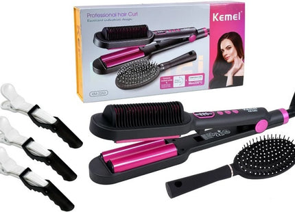 Σετ Kemei KM-2263 με μαύρο και ροζ ψαλίδι κυματισμού, βούρτσα μαλλιών, τρία κλιπ και συσκευασία