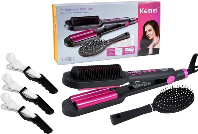 Σετ Kemei KM-2263 με μαύρο και ροζ ψαλίδι κυματισμού, βούρτσα μαλλιών, τρία κλιπ και συσκευασία