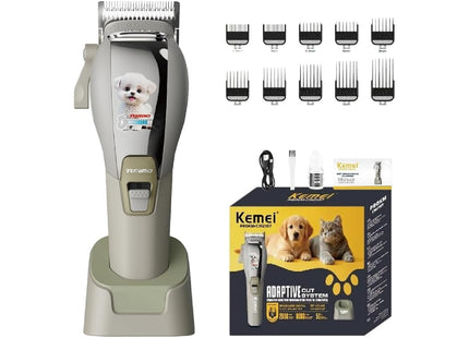 Kemei KM-CW2107 κουρευτική με βάση, δέκα χτένες, καλώδιο, βουρτσάκι, λάδι, εγχειρίδιο και συσκευασία