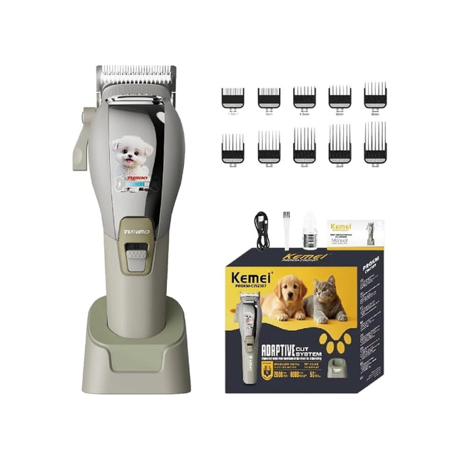 Kemei KM-CW2107 κουρευτική με βάση, δέκα χτένες, καλώδιο, βουρτσάκι, λάδι, εγχειρίδιο και συσκευασία