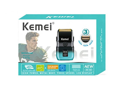 Συσκευασία Kemei KM-T420 με εικόνα της μαύρης και τιρκουάζ ξυριστικής foil