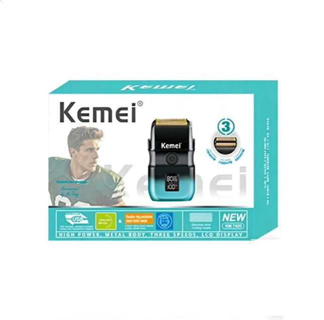 Συσκευασία Kemei KM-T420 με εικόνα της μαύρης και τιρκουάζ ξυριστικής foil