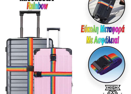 Πολύχρωμος ιμάντας βαλίτσας Rainbow με μαύρο κλιπ, τοποθετημένος σε μαύρη και ροζ βαλίτσα
