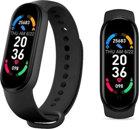 Μαύρο M6 smart band σε δύο όψεις με ρυθμιζόμενο λουράκι και έγχρωμη οθόνη.
