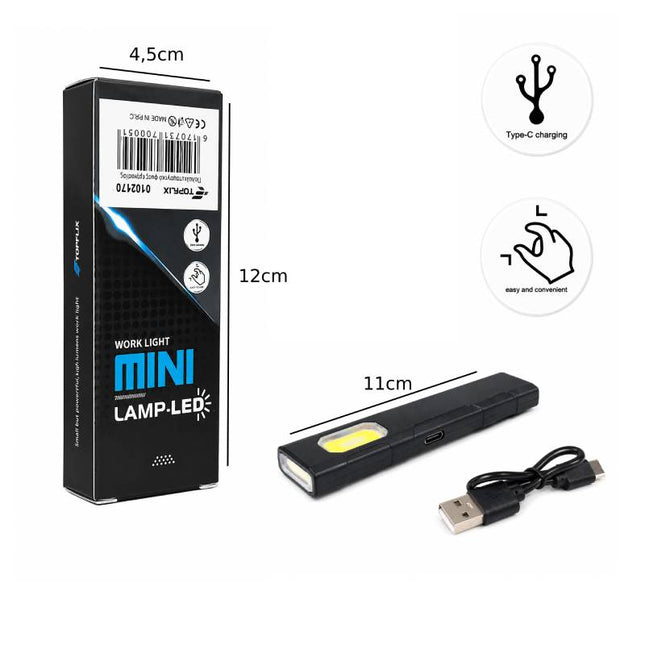 Mini φακός συνεργείου LED με διαστάσεις συσκευασίας και φόρτιση Type-C