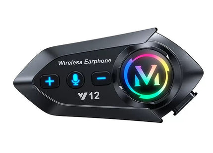 Μαύρη μονάδα Bluetooth κράνους Y12 με φωτιζόμενα κουμπιά και πολύχρωμο κυκλικό λογότυπο