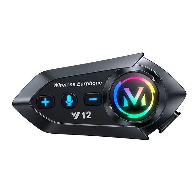 Μαύρη μονάδα Bluetooth κράνους Y12 με φωτιζόμενα κουμπιά και πολύχρωμο κυκλικό λογότυπο