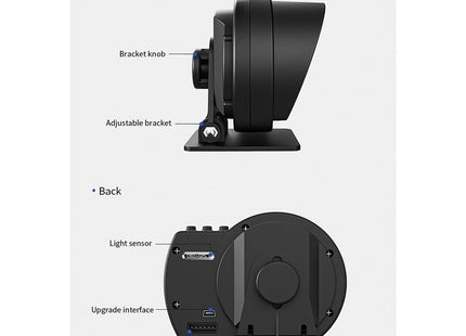 Πίσω και πλαϊνή όψη OBD2+GPS οργάνου με θύρα OBD και βάση