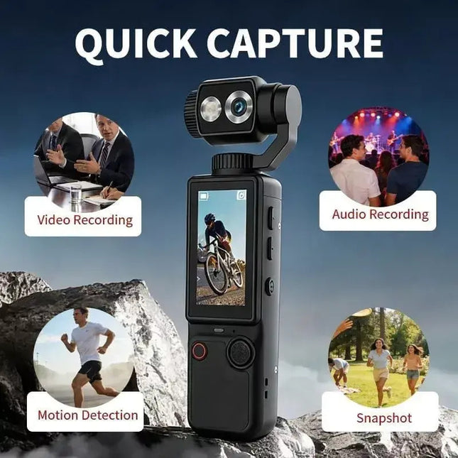 Μαύρη Q8 action camera με ορατές ενδείξεις εγγραφής βίντεο ήχου φωτογραφίας και ανίχνευσης κίνησης