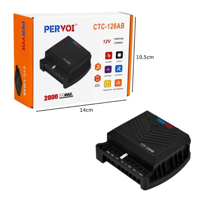 PerVoi CTC-126AB ενισχυτής αυτοκινήτου με συσκευασία διαστάσεων περίπου 14 επί 10,5 εκατοστά