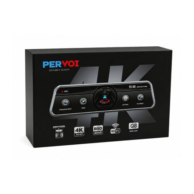 Συσκευασία PerVoi Q8 4K dash cam με WiFi, BSD ADAS και πίσω κάμερα αυτοκινήτου