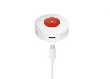 Λευκό κουμπί SOS με ορατή θύρα φόρτισης USB-C και καλώδιο σύνδεσης.
