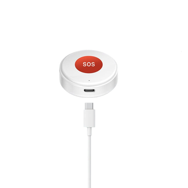 Λευκό κουμπί SOS με ορατή θύρα φόρτισης USB-C και καλώδιο σύνδεσης.
