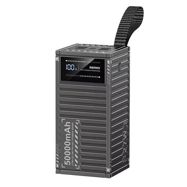 Μαύρο power bank Remax RPP-161 50000mAh με ψηφιακή ένδειξη φόρτισης και λουράκι μεταφοράς.