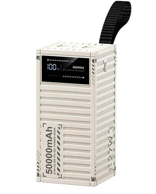 Λευκό power bank Remax RPP-161 50000mAh με ψηφιακή οθόνη ποσοστού και λουράκι μεταφοράς.