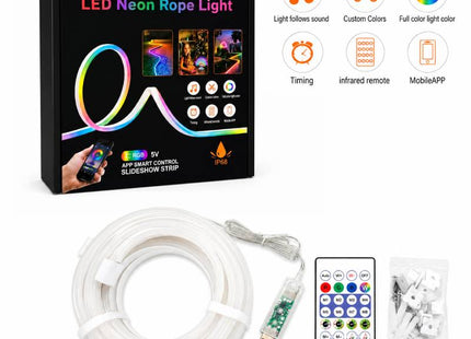 Σετ RGB LED Neon Rope Light 10 μέτρων με συσκευασία, USB χειριστήριο, τηλεχειριστήριο και εξαρτήματα στερέωσης.