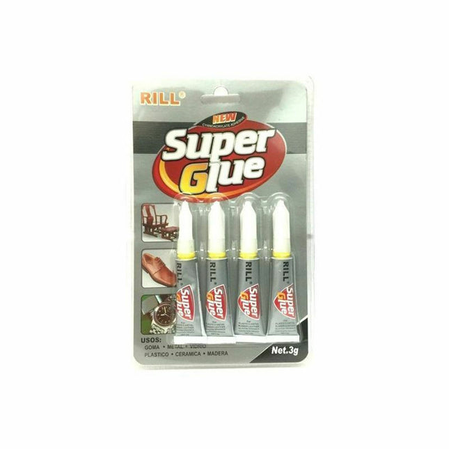 Συσκευασία Rill Super Glue με τέσσερα σωληνάρια και λευκά καπάκια.