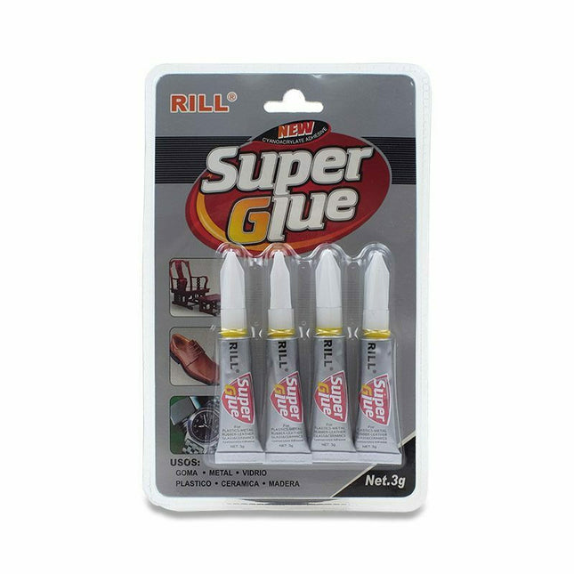 Μπροστινή όψη συσκευασίας Rill Super Glue με τέσσερα σωληνάρια και ένδειξη Net.3g.