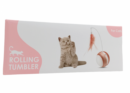 Συσκευασία Rolling Tumbler for Cats με γάτα και εικόνα κυλιόμενης μπάλας με φτερό σε ροζ απόχρωση