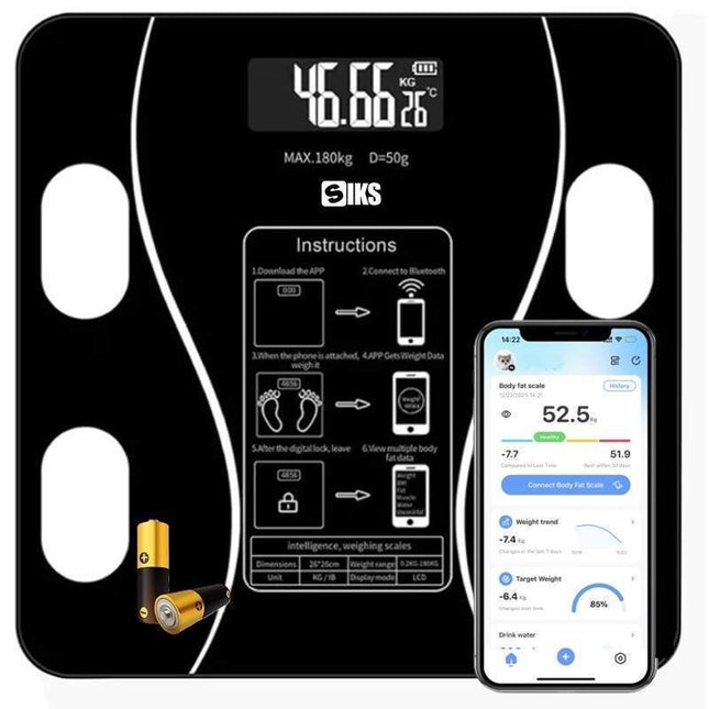 SIKS smart ζυγαριά Bluetooth μαύρη με μπαταρίες και οθόνη εφαρμογής