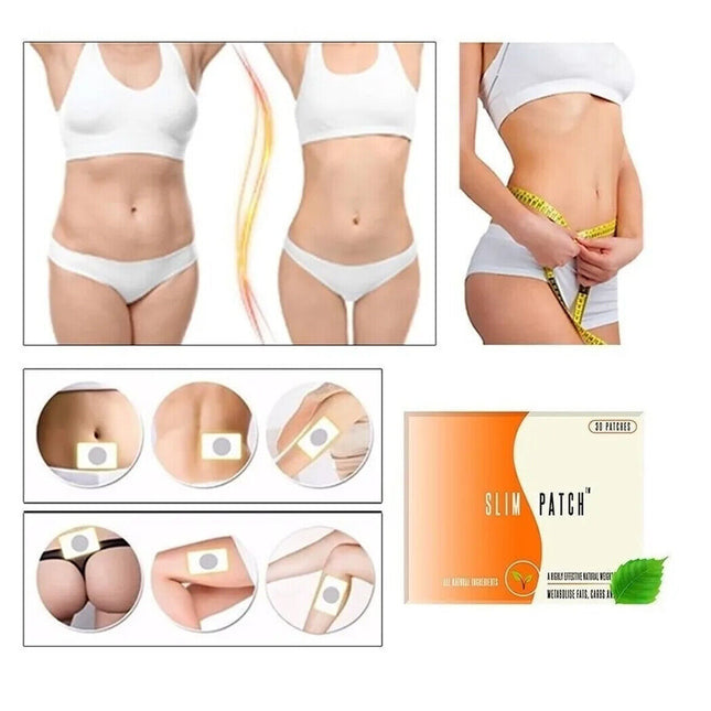 Συσκευασία Slim Patch 30 επιθεμάτων και εικόνες εξωτερικής εφαρμογής σε διαφορετικά σημεία του σώματος