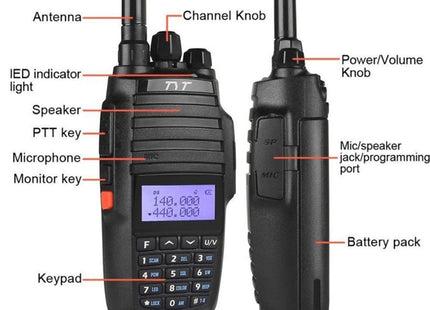 Διάγραμμα TYT TH-UV8000D με κεραία, πλήκτρο PTT, οθόνη, πληκτρολόγιο και πλευρικές θύρες