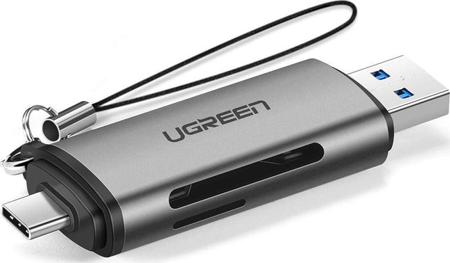Γκρι Ugreen card reader με σύνδεση USB-C και USB-A και υποδοχές SD microSD