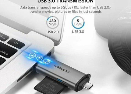 Ugreen card reader σε laptop με ένδειξη USB 3.0 και κάρτα SD