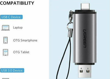 Ugreen card reader με θύρες USB-C και USB 3.0 και ενδείξεις συμβατών συσκευών