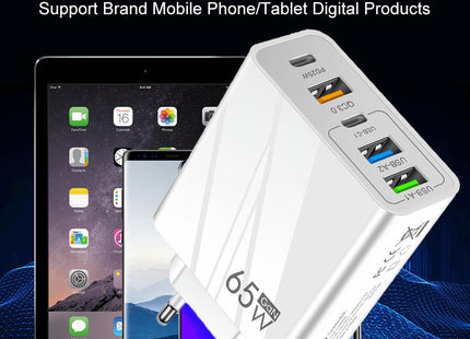 Λευκός φορτιστής 65W με 3 θύρες USB-A και 2 θύρες USB-C