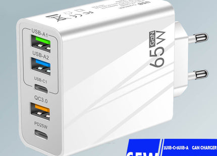 Φορτιστής 65W λευκός με Quick Charge και θύρες USB-C