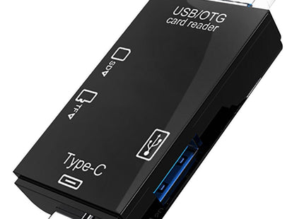 Μαύρος αναγνώστης καρτών USB OTG με βύσματα USB-A και USB-C, θύρα USB-A και υποδοχές καρτών.