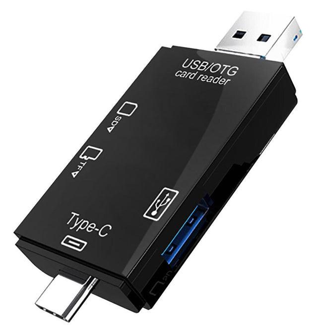 Μαύρος αναγνώστης καρτών USB OTG με βύσματα USB-A και USB-C, θύρα USB-A και υποδοχές καρτών.